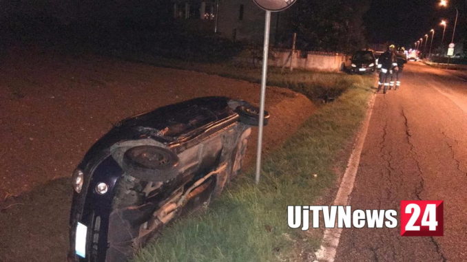 Scontro, un'auto capottata, tre feriti, incidente stradale a Cannara
